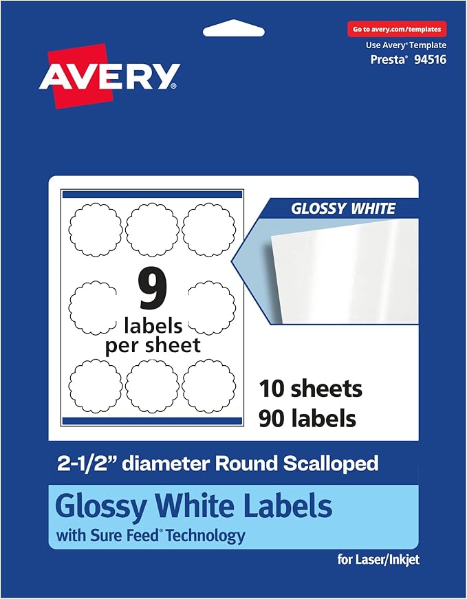Avery Glossy White Round Scalloped Labels, Sure Feed Technology, 2.5" Diameter, 90 Glossy White Labels, Print-to-The-Edge, Permanent Adhesive, Laser/Inkjet Printable