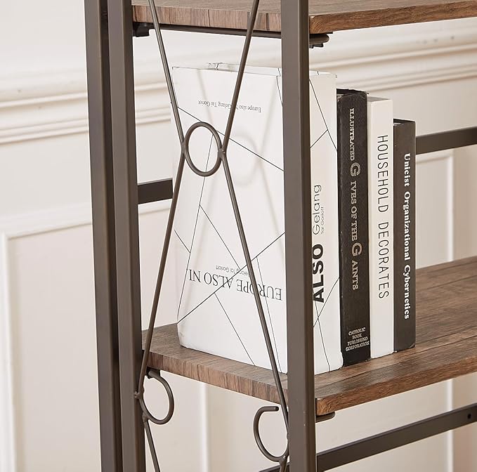 VECELO Folding Bookshelf, 5 Shelf Bookcase No Assembly, Industrial Metal Frame Shelves Rack Organizer for Living Room, Office,Walnut 1 Set