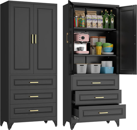 75" Kitchen Pantry Cabinet, Metal Storage Cabinets with Doors and Adjustable Shelves, Black Tall Pantry Cabinet with 3 Drawers for Dinning Living Room