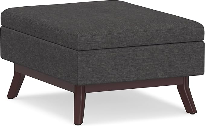 SIMPLIHOME Owen Coffee Table Storage Ottoman - 34 inch Wide Upholstered Linen Look Fabric Rectangular Lift-Top Ottoman in Slate Grey, Mid-Century Modern Bench for Living Room with Tapered Legs
