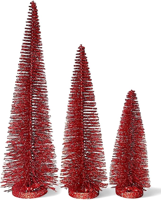 RAZ Imports Set of 3 Bottle Brush Trees – 17”, 14”, 9” Modern Christmas Holiday Winter Décor – Glittery Tabletop Mini Trees for Home Office Shelf Desk Mantel Fireplace Decoration (Red Glittered)