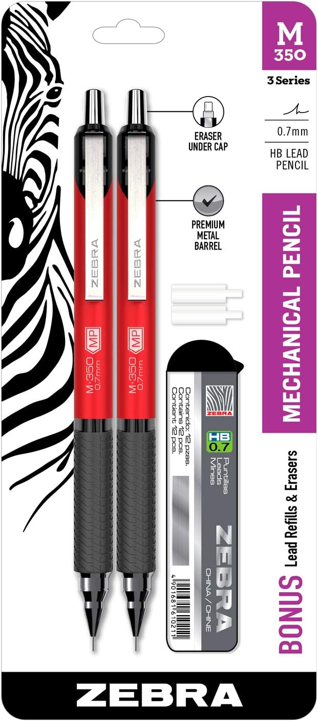 Zebra Pen M-350 Mechanical Pencil, 0.7mm Point Size, Crimson Red Barrel, Refillable Eraser, 2 Pack (57312)