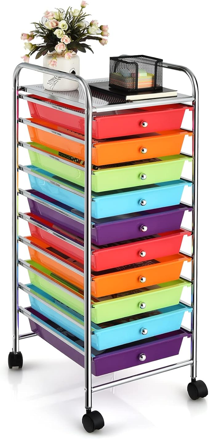 COSTWAY 10-Drawer Rolling Storage Cart, Utility Mobile Trolley with Removable Drawers & Universal Casters & 2 Brakes, Versatile Flexible Drawer Organizer Cart for Home, Office (Multi-Colored)