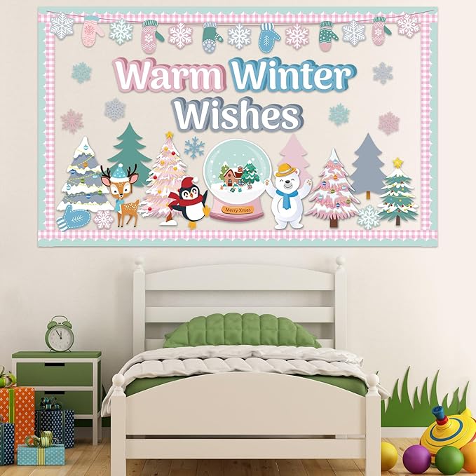 Winter Bulletin Board Set Classroom Decorations Pastel Xmas Tree Snowflake Gloves Paper Cutouts Warm Winter Wishes Bulletin Board Christmas Cutout for School Home Office Wall Door Decor Supplies