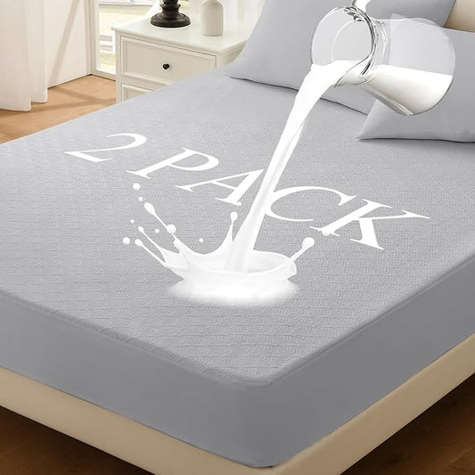 Twin XL Mattress Protector 2 Pack, Waterproof Mattress Pad Washable Rayon Mattress Cover Breathable Noiseless Bed Protector 3D Patterns 5" - 21'' Elastic Fitted Deep Pocket(Light Grey)