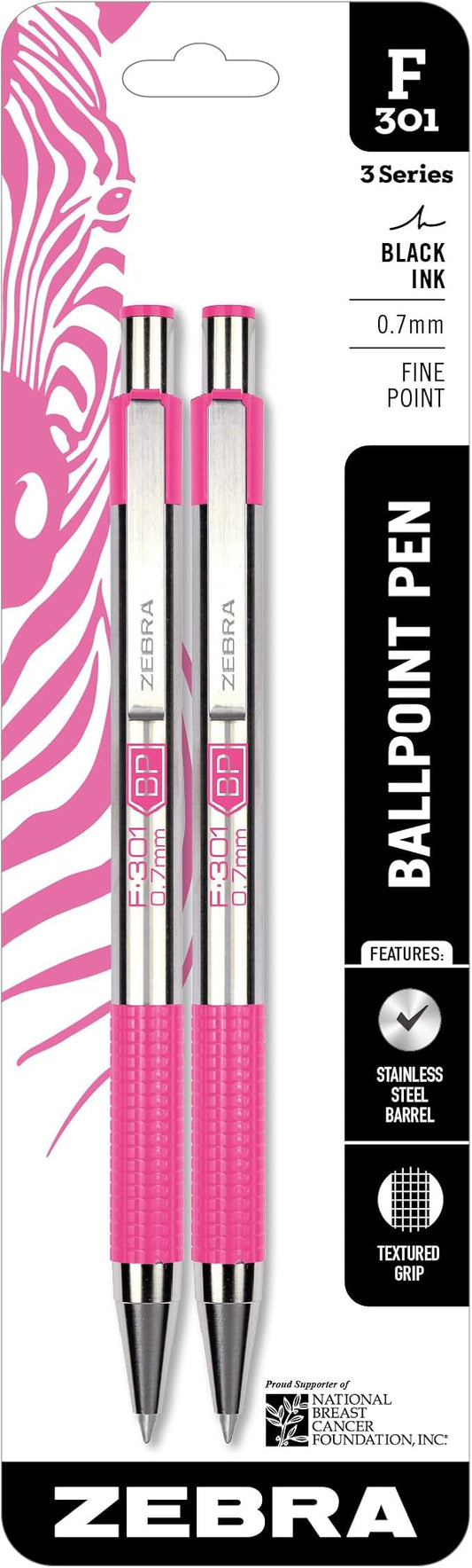 Zebra Pen F-301 Ballpoint Black Ink Fine Point 0.7mm Pen, Easy-Glide Ink, Stainless Steel Retractable, BCA Pink Accents, Professional Design, Ideal for Office, Journal and Planner Use, 2-Pack (37112)