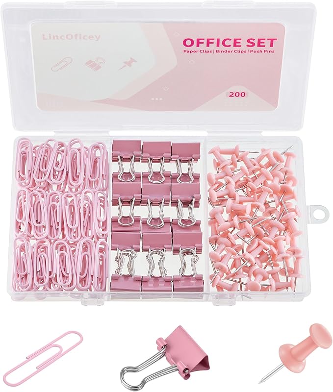 200pcs Paper Clips Binder Clips and Push Pins Set, Mini Clips and Thumb Tacks for Multipurpose Document Organization (Pink)