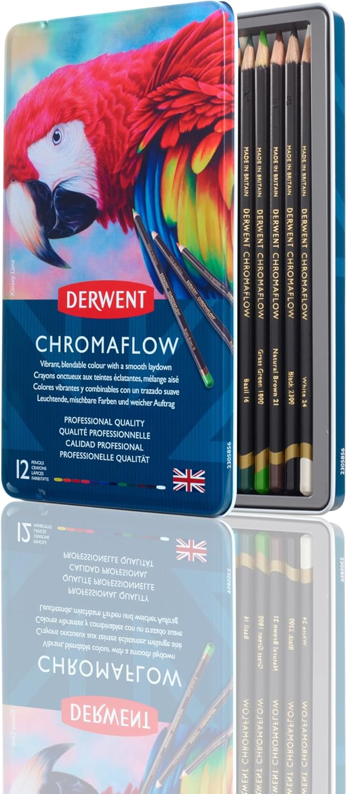 Derwent Chromaflow Colored Pencils Tin, Set of 12, Great for Holiday Gifts, 4mm Wide Core, Multicolor, Smooth Texture, Art Supplies for Drawing, Blending, Sketching, Professional Quality (2305856)