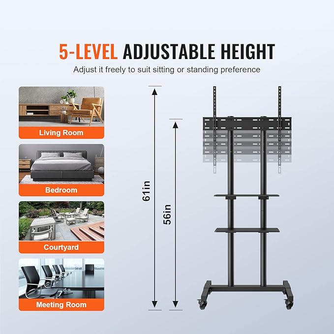 VEVOR Mobile TV Cart for 32 to 70 inch TVs, Height Adjustable Portable TV Stand with Wheels and Double Tray for Audio-Visual Devices, Rolling TV Stand for Living Room