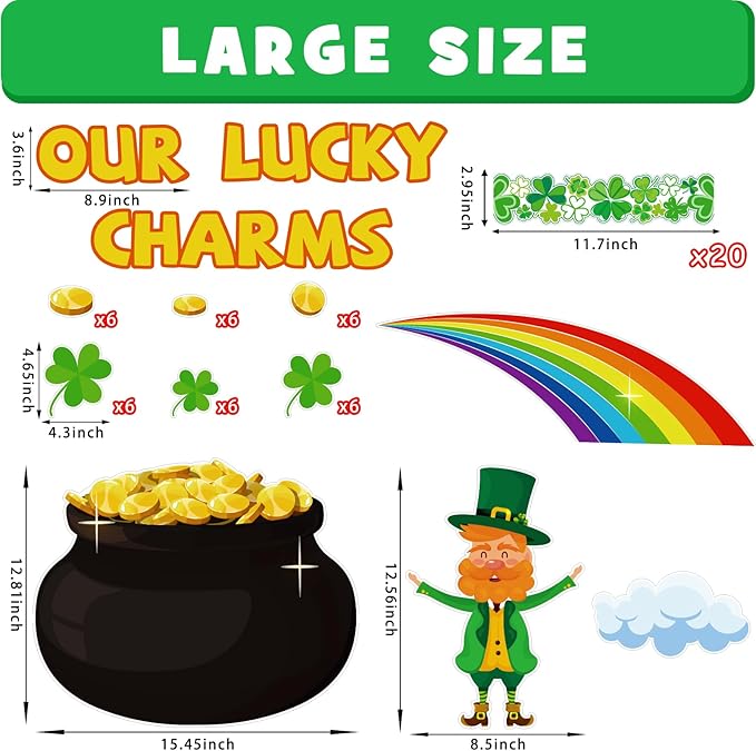 St. Patrick’s Day Bulletin Board Set, St. Patrick’s Shamrocks Cutouts Border Clover Leprechaun Rainbow Pot of Gold Classroom Decorations for School Chalkboard Wall Window Party Decor Supplies