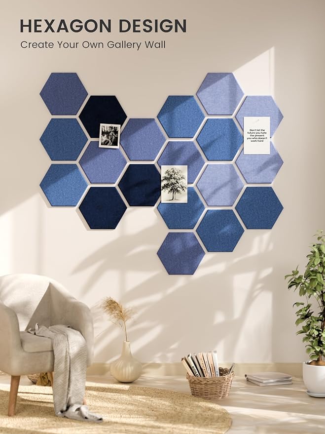 Fluxynara Hexagon Cork Board Alternative for Walls Decor-8-Pack Felt Bulletin Board Tiles,with 30 Pushpins,50 Adhesive Tabs for Office,Classrooms & Home Pin Board Felt Board-Denim Mist