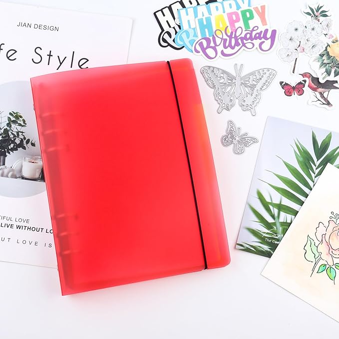 BAOFALI 2Pcs /Set A5 6 Ring Binder Cover Clean Transparent Soft PVC for Refillable Notebook Shell withMatte surfaceforStamp & Die Storage (Red)