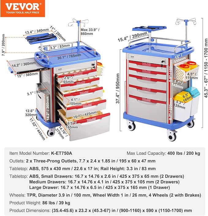 VEVOR Medical Crash Cart, Nursing Emergency Rolling Cart with 5 Drawers & 4 Silent Wheels, Adjust IV Pole, Needle Disposal Holder, Trash Bin, O2 Holder, Mobile Trolley for Hospital, Clinic, Lab, Salon