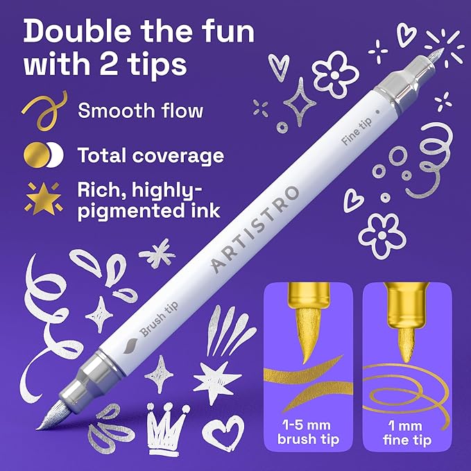 ARTISTRO Gold & Silver Acrylic Paint Pens – Dual Tip Markers – Brush & Fine Tip Paint Pens for Calligraphy, Crafts, Greeting Cards, Ornament Decor, DIY Art