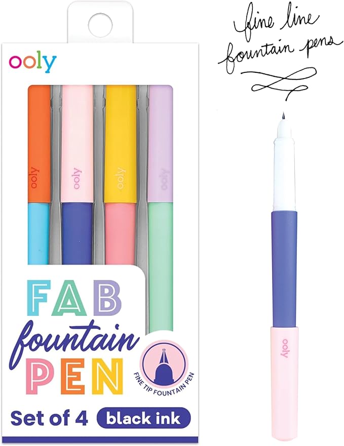 Ooly Fab Fountain Pen Pack of 4 Black Ink Pens, Includes 4 Black Fountain Pens that Use Refillable Ink Cartridges, Fine Fountain Tip Pens for Calligraphy Drawing, School Supplies