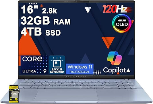 ASUS Vivobook S16 AI PC Laptop 16" 2.8k OLED 120Hz (600nits HDR, 100% DCI-P3) Intel 16-core Ultra 9 285H 32GB DDR5 4TB SSD Backlit For Creator Business Professional Work Win11Pro ICP Hub w/Copilot+ AI