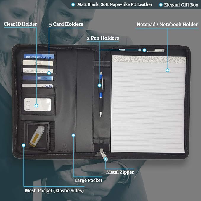 Customized Leather Padfolio - Name/Logo Printed on Lean Black Faux Leather Business Portfolio File Organizer & Binder for Men or Women. Includes 8.5x11 Notepad & Premium Gift Box.