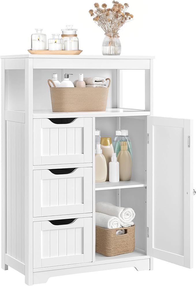 Yaheetech Bathroom Floor Cabinet Wooden Storage Organizer with 1 Door and 3 Drawers, Free-Standing Cupboard for Kitchen/Living Room/Bathroom Use, White