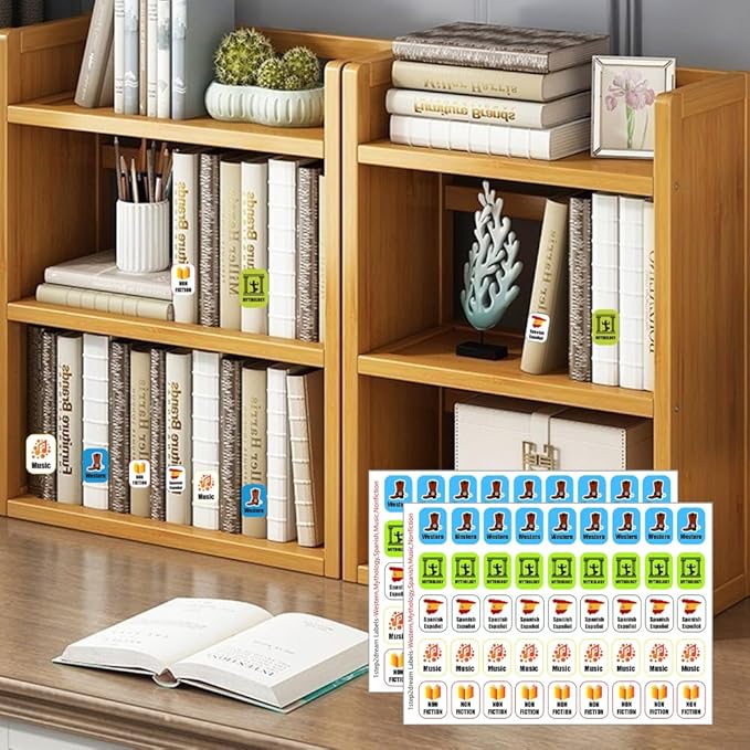 Genre Book Spine Labels for Library | Classroom Library Classification Stickers 450pcs | Nonfiction,Western,Mythology,Spanish,Music