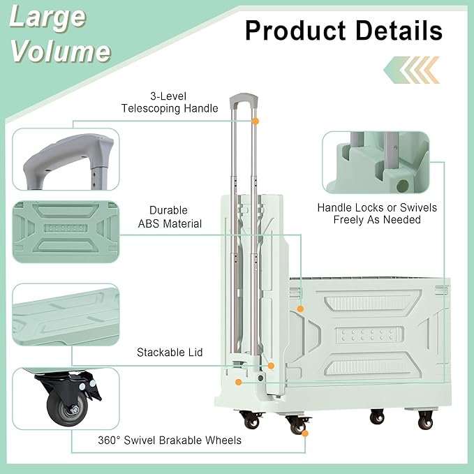 VECELO 23 GAL Modern Rolling Carts with Wheels, Foldable Utility Cart, Light Weight Platform Trucks Dolly, 4 Heavy Duty Wheels, Ideal for Shopping, Camping, Teachers, Mint Green