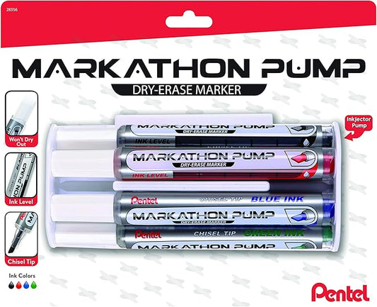 Pentel Markathon Pump Dry Erase Marker, Chisel Tip, Assorted Colors, 4 Pack with Eraser (MWL6SXBP4MKIT)
