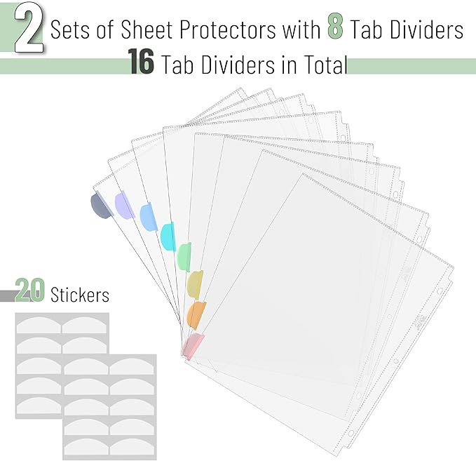 Mr. Pen- Clear Sheet Protectors with Tabs, 8 Tabs, 2 Sets, Clear Plastic Dividers for 3 Ring Binder, Insertable Index Page Divider Multicolor Tabs