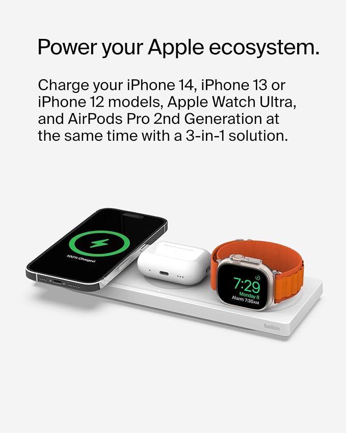 Belkin BoostCharge Pro 15W 3-In-1 Wireless MagSafe Charging Pad - White
