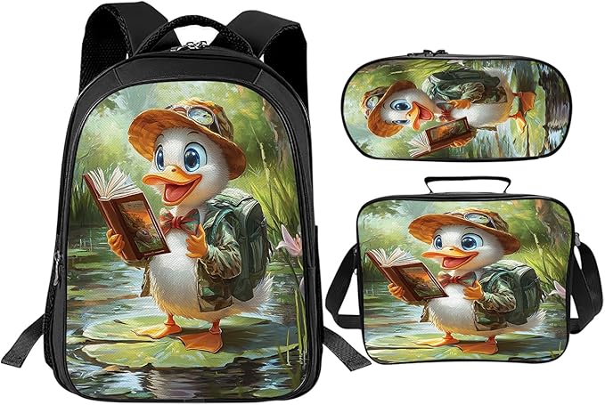 Funny Duck Backpack Set 3 Piece School Bags and Lunch Box with Pencil Case Cute Duck Reading Bookbag Set for Toddler Kids Girls Boys Teens Kindergarten Elementary Middle