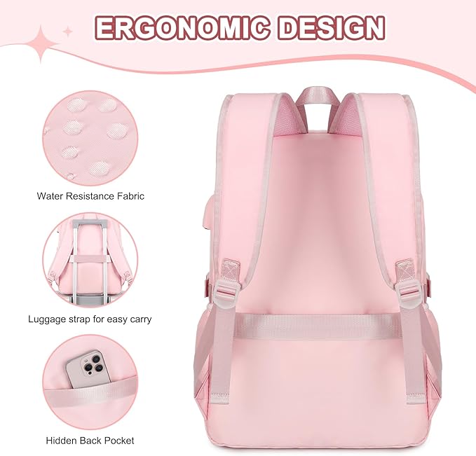 Backpacks for Girls, Girls Backpack with Lunch Box & Pencil Pouch for Teens Girl Kids Elementary Middle High School College Student Bookbag Daypack Laptop Travel Backpack for Women (Pink)