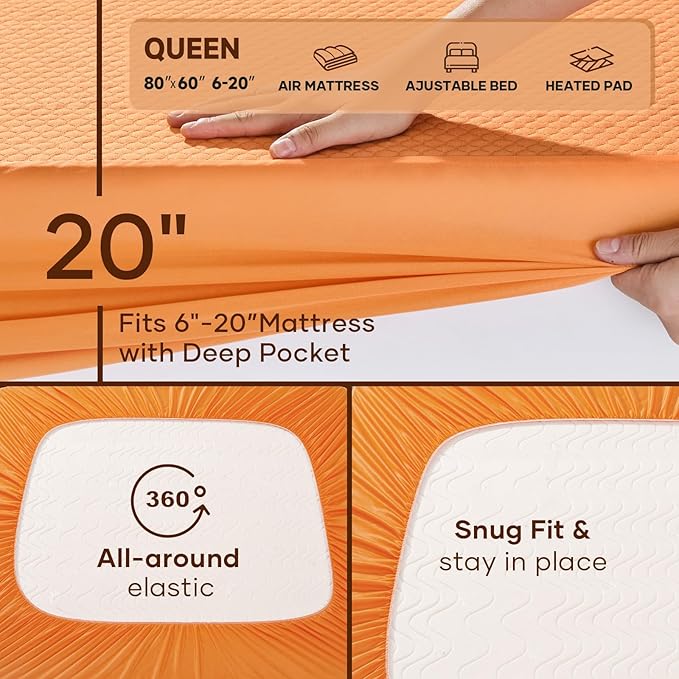 OhGeni 100% Waterproof Mattress Protector,Queen Size Mattress Soft Pad,Hair & Bedwetting Resistant,Cooling Breathable Fitted Sheets,Washable Bed Cover,Non-Slip Deep Pocket,Noiseless for Bedroom,Orange