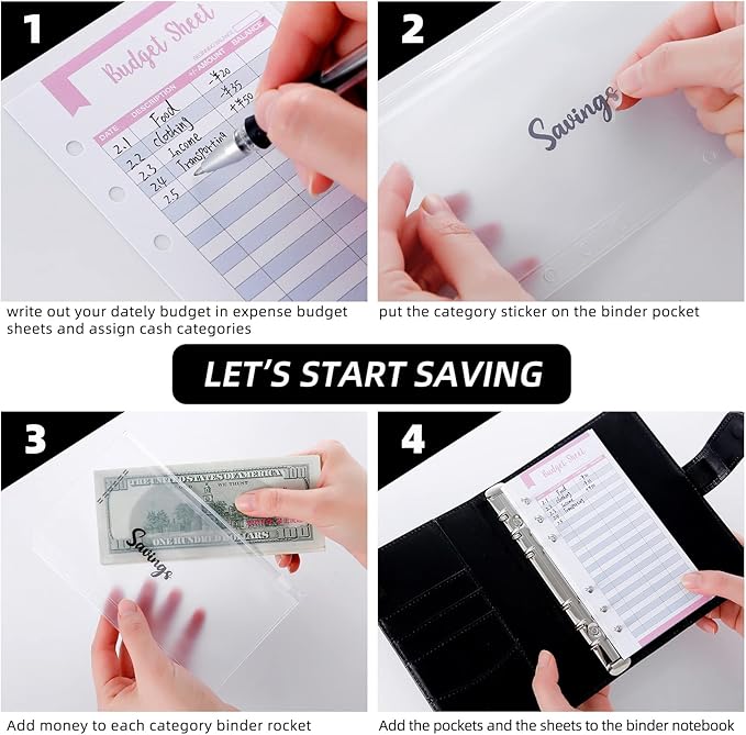 NICOOTHBudget Binder Cash Envelopes A6 Money Saving Binder with Zipper envelopes (Black)