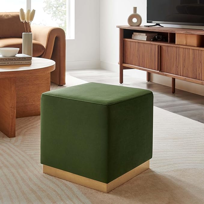 Modway Tilden 17 Inch Square Performance Velvet Upholstered Ottoman in Moss Green Natural - Small Ottoman Foot Rest with Rubberwood Plinth Base - Living Room Ottoman Side Table,