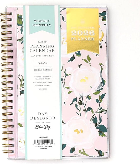 Blue Sky Day Designer 2026 Weekly and Monthly Planner Calendar, January 2026 - December 2026, 5" x 8", Clear Pocket Cover, Durable Twin Wire Binding, Includes Storage Pocket, Stickers, Coming Up Roses