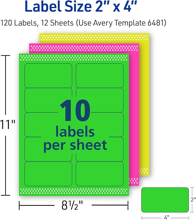 Avery Printable Labels with Sure Feed, 2" x 4", Assorted Neon Colors (Green, Magenta, and Yellow), Removable Adhesive, Laser & Inkjet Compatible, 120 Blank Labels per Pack (5-Pack of 6481)