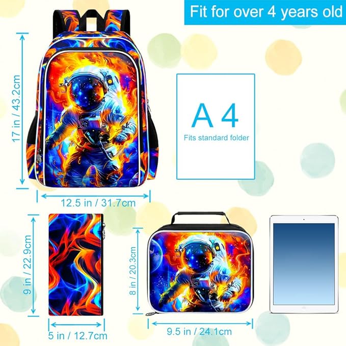 KLFVB 3PCS School Backpack for Kids, 17" Astronaut Backpack and Lunch Box, Water Resistant Teenagers School Backpacks for Middle Elementary - Flame Space Adventure