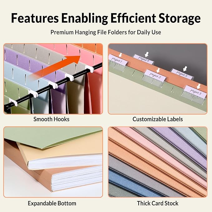 SUNEE Hanging File Folders, 50 Pack Letter Size Hanging File Folders with 1/5-cut Tabs, Stay Organized for Your Home and Office Bulk File, Documents and Paper, 10 Pastel Colors