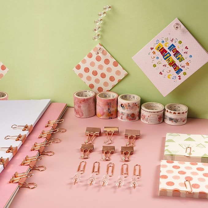 97 PCS Office Supplies for Women, Paper Clips, Binder Clips and Push Pins Set, Paperclips Thumb Tacks School and Home Desk Supplies, Desk Organized (Rose Gold)