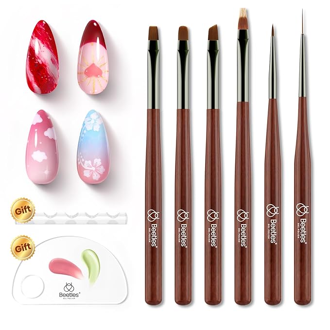 Beetles Gel Polish Nail Art Brushes, 6 Pcs Fingernail Art Design Pens, Nail Art Tools, Wood Alloy Handle Nail Brushes, Clean Up Liner French Set with Holder&Palette DIY Valentine's Day Gift for Women