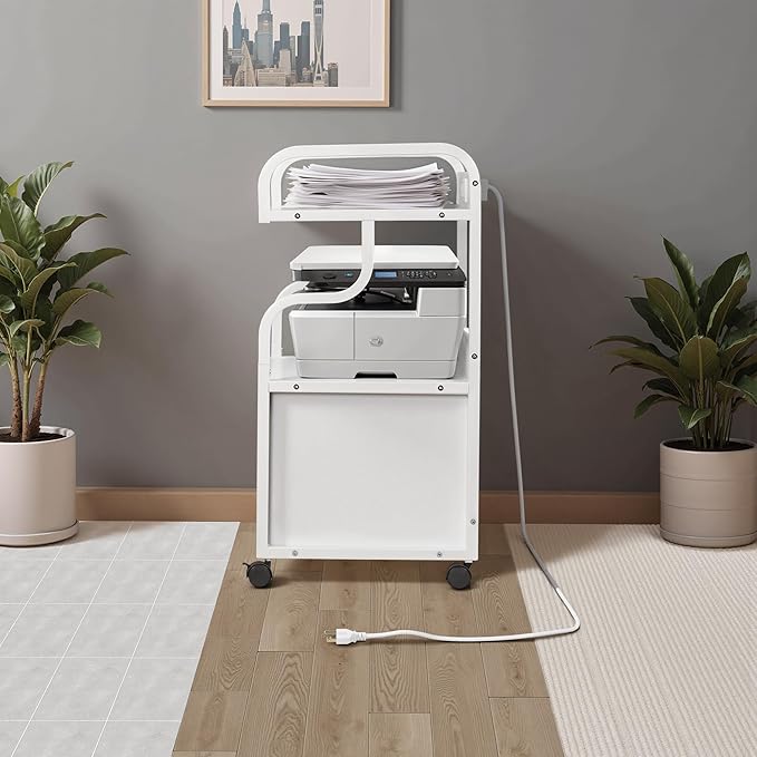 VECELO Large Printer Stand with Power Outlet, 3-Tier Rolling File Cabinet with Lockable Wheels, Heavy Duty Utility Table for Home Office, 18.9"x23.6"x30.2", White