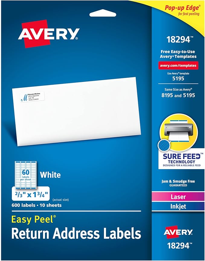 Avery Printable Return Address Labels with Sure Feed Technology, 2/3" x 1-3/4", White, Laser & Inkjet Compatible, 600 Blank Labels per Pack, Great for High-Volume Mailing (5-Pack of 18294)
