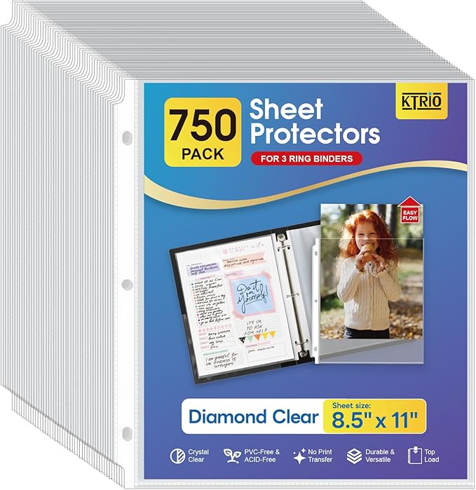 KTRIO Sheet Protectors 8.5 x 11 Inch, Clear Top Loading Page Protectors for 3 Ring Binder, Polypropylene Plastic Sleeves, Letter Size Document Protectors, Office & Home, 750 Pack