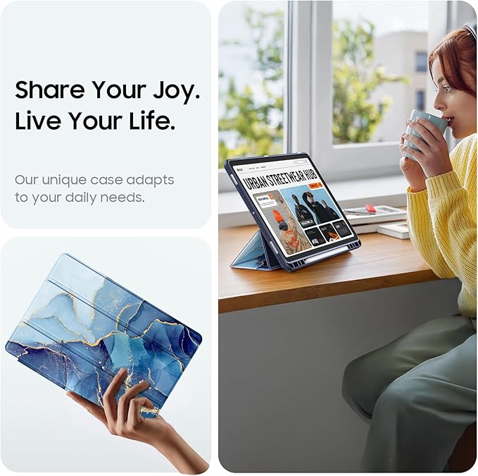 Fintie Hybrid Slim Case for Samsung Galaxy Tab S10 Lite/ S10 FE/ S9 FE 10.9 Inch/Tab S9 11 Inch with S Pen Holder, Shockproof Cover with Clear Transparent Back Shell, Auto Wake/Sleep, Ocean Marble