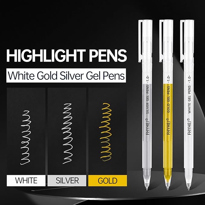 Fhyhej White Gel Pens,1mm, Fine Point Opaque White Archival Ink Pen for Black Paper Drawing, Sketching, Illustration, Bullet Journaling, Pack of 6