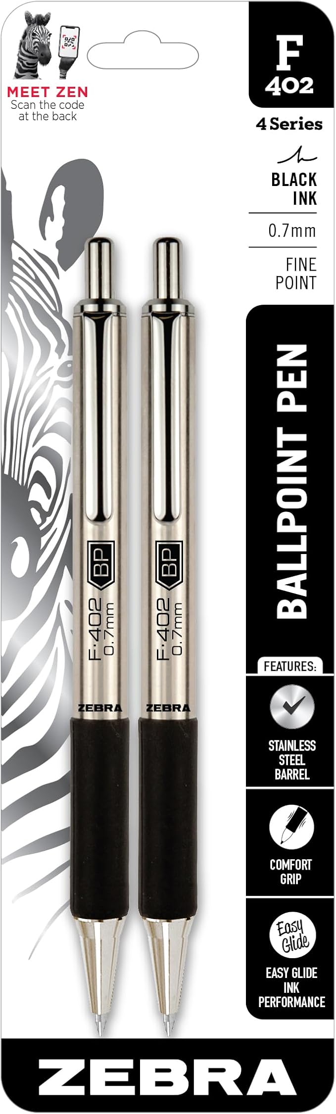Zebra Pen, STEEL F-402 Retractable Ballpoint Pens, 0.7mm Fine Point, Black Ink, Stainless Steel Barrel and Clip, Easy-Glide Ink, Comfort Grip, Refillable Pens for Office, School, 2-Pack (29212)