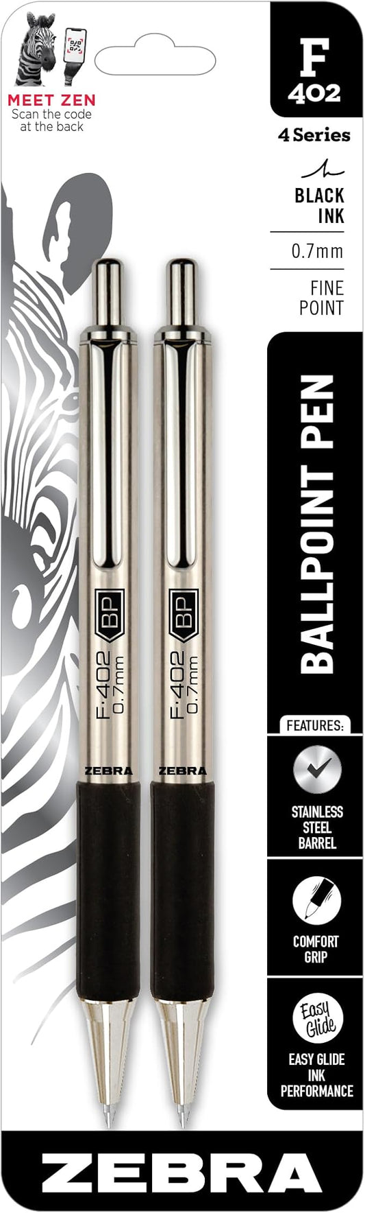 Zebra Pen, STEEL F-402 Retractable Ballpoint Pens, 0.7mm Fine Point, Black Ink, Stainless Steel Barrel and Clip, Easy-Glide Ink, Comfort Grip, Refillable Pens for Office, School, 2-Pack (29212)