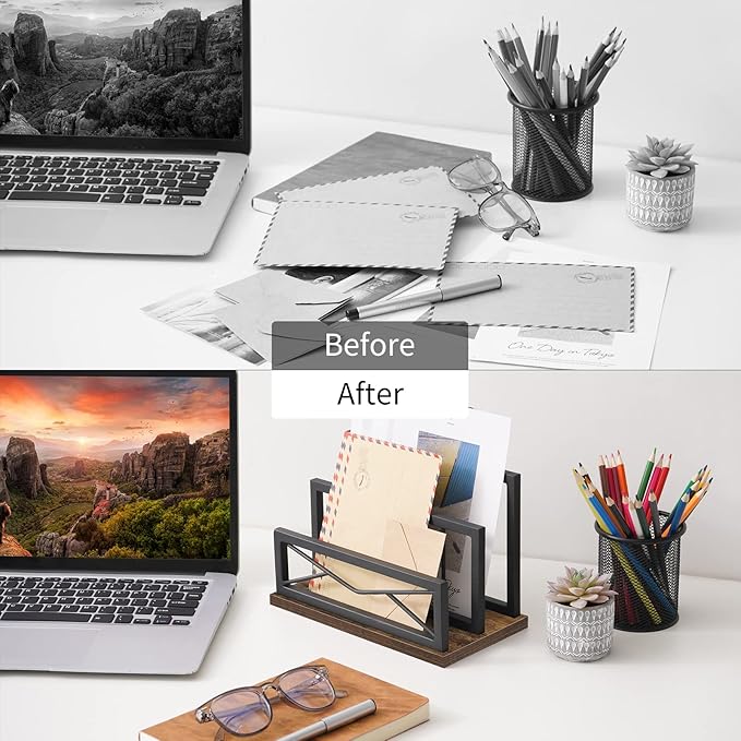 Snughome Desktop Mail Organizer, Desk Mail Organizer with 2-Slot Matte Black Metal Desktop Mail Sorter, Metal Storage File Holder Letter Sorter Organizer for Home or Office, Rustic Brown