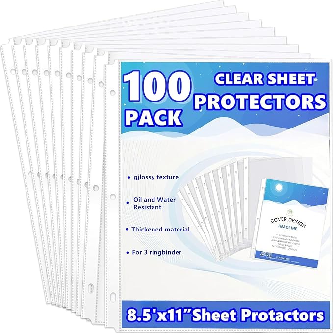 Sheet Protectors 8.5 x 11 inch Clear Page Protectors for 3 Ring Binder,100 Pack Plastic Sleeves for Binders，Top Loading Plastic Sleeve for Binders, Letter Size, documents and Photos, Office Supplies