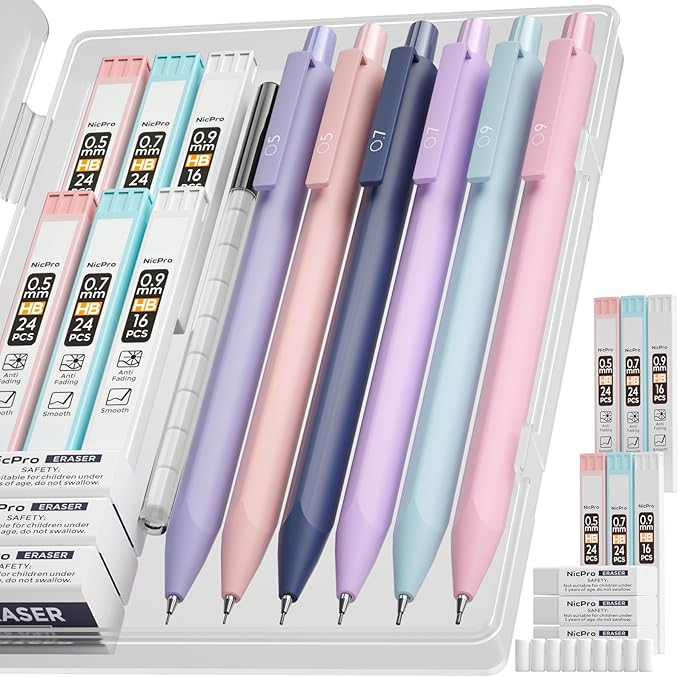 Nicpro 6PCS Pastel Mechanical Pencil Set with Case, Cute Drafting Pencils 0.5 mm & 0.7 mm & 0.9 mm with 6 Tubes HB Lead Refills, Erasers, Eraser Refills, Aesthetic School Supplies for Girls Writing