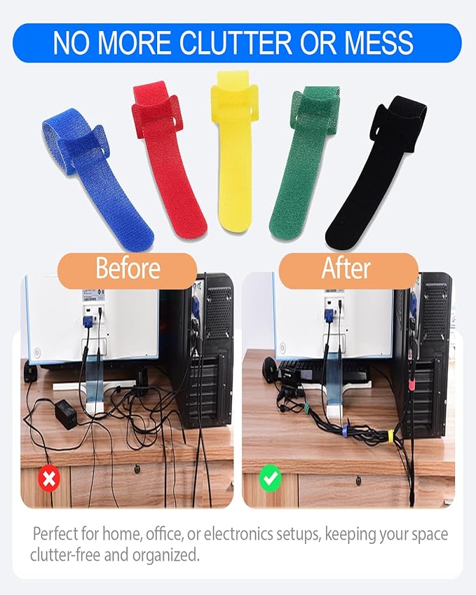 120 Pack Reusable Cable Ties 6 Inch - Adjustable Multi-Color Cord Ties & Cable Straps for Wire Management - Hook and Loop Cord Organizer for Electronics, PC & Desk - Strong Grip Zip Tie Alternative
