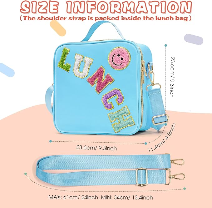 Insulated Lunch Bag Women Lunch Box Kids for Teen Girls Boys, Cute Preppy Lunch Boxes With Adjustable Shoulder Strap, Waterproof Nylon Lunchbox Lunch Bags for School Work Picnic (Blue)